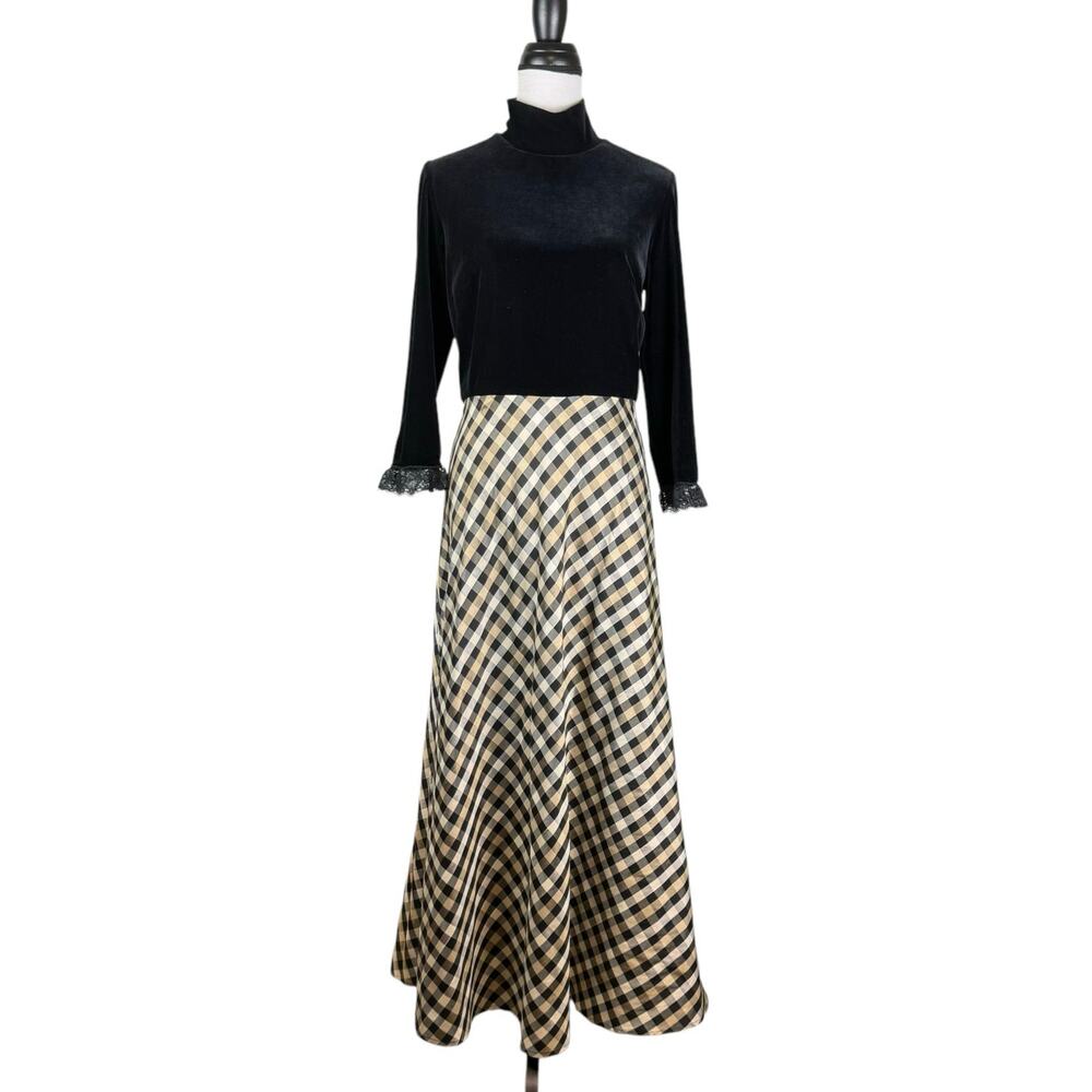 Suzi Chin for Maggy Boutique Black Velvet Top with Plaid Maxi Skirt